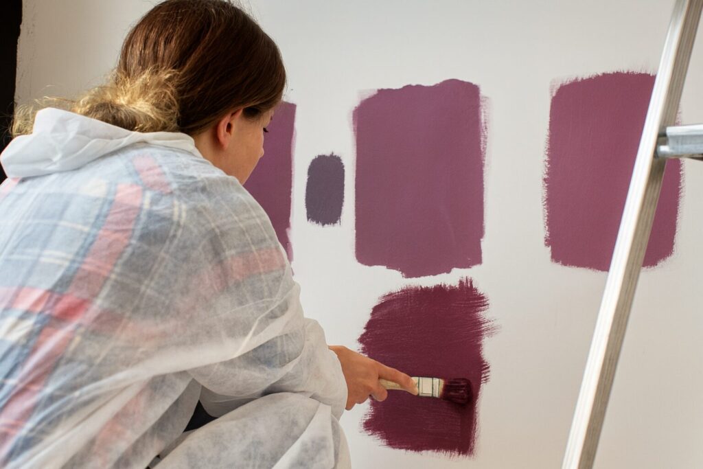 Wohnzimmer einrichten – Farbmuster an der Wand zum Testen verschiedener Wandfarben